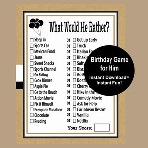Birthday Games for Him, Adult Birthday Games, Teen Guy Birthday Games, What Would He Rather Game, Rustic Theme Party, Instant Download