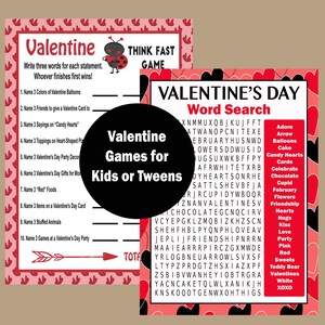 May include: Two Valentine's Day games for kids or tweens. One game is a fill-in-the-blank style, and the other is a word search. Both games have a red and white color scheme with heart and arrow graphics.