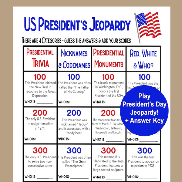 Presidents Day Trivia Game, Presidents Day Jeopardy game for Seniors, School, Church groups, American Presidents Trivia, Presidents Quiz