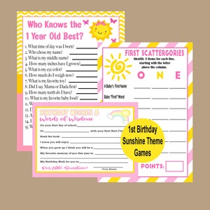 Juegos de fiesta del 1er cumpleaños, Nuestros pequeños juegos de cumpleaños Sunshine, Tarjeta de deseos del 1er cumpleaños imprimible, Scattegories, Descarga instantánea