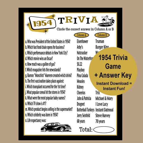 1954 Trivia Game, 70th Birthday Party Game, 70th Birthday Gold and Black Trivia Party Game, Icebreaker Game, Instant Download