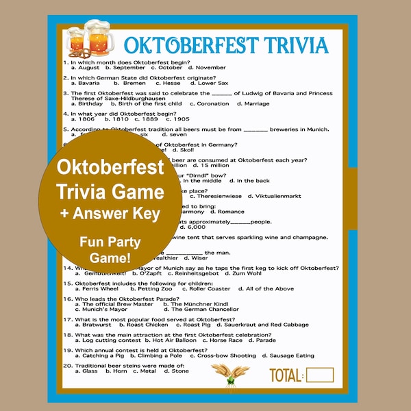 Gioco a quiz dell'Oktoberfest, Giochi per feste dell'Oktoberfest, Oktoberfest per anziani, Divertenti giochi dell'Oktoberfest per la famiglia, Quiz dell'Oktoberfest