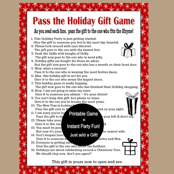 Pass the Gift Game, Pass the Present Game, Pass the Parcel Game, Christmas Party Game, Christmas Group Game Printable, Instant Download