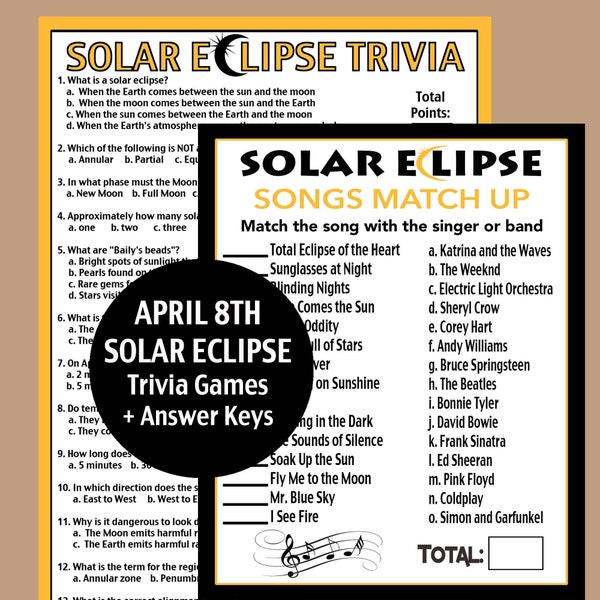 Solar Eclipse Trivia Games Printable, Solar Eclipse Song Trivia, Solar Eclipse Party Ideas, Seniors Solar Eclipse Game, April 8th 2024