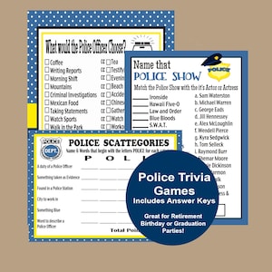 Politieagent pensioen partij trivia spel, politie scattegories, politie verjaardagsfeestje trivia, politie show trivia, Instant Download