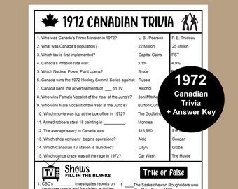 50th Birthday Games, 1972 Trivia, 1972 Canadian Trivia, 50th Birthday Party Ideas, 50th Anniversary Canada Game, Instant Download