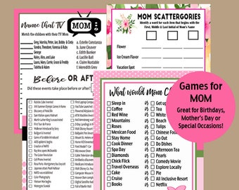 Verjaardagsspellen voor moeder, moeder verjaardagsfeestje, Moederdagspellen, 1956, 1966 gezelschapsspellen, tv-moederspel, scattegories, Instant Download