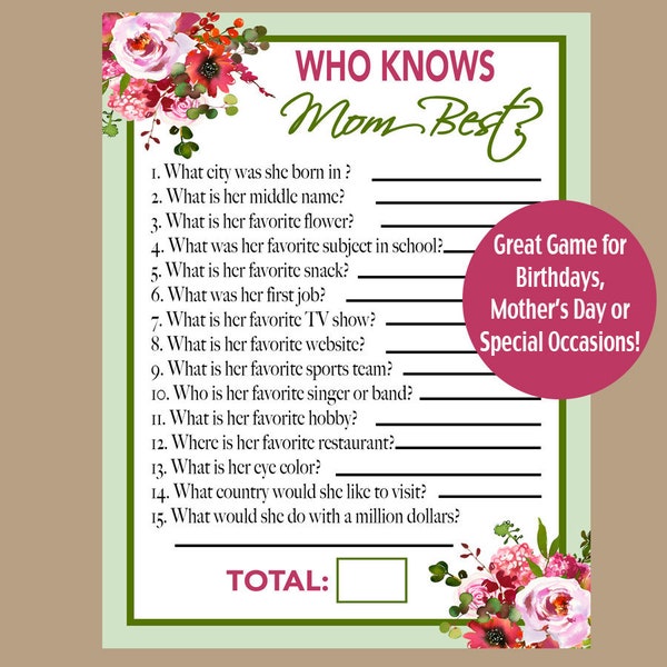 Mom Birthday Party Games, 1934, 1944, 1954, 1964 Party Games, Mothers Day Party Games,  Knows Mom Best, Mothers Day Quiz, Instant Download