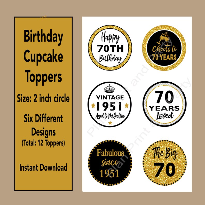 Black and Gold 70th Birthday Cupcake Toppers 70th Birthday Cupcake Toppers Instant Download 1951 Cupcake Topper Cheers to 70 Years