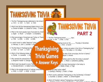 May include: Two Thanksgiving trivia game cards with orange and brown backgrounds. The first card has a turkey illustration and the text "Thanksgiving Trivia". The second card has a cornucopia illustration and the text "Thanksgiving Trivia Part 2".