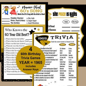 Pacote de jogos de aniversário de 60 anos, jogos de curiosidades de ouro e preto de 60 anos, jogos de curiosidades de 1965, jogo Price is Right de 1965, download instantâneo