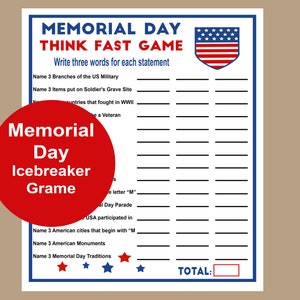 Memorial Day Game, Memorial Day Trivia Game, Memorial Day Think Fast Game, Patriotic Trivia Game, Veterans Trivia Game for Seniors, School