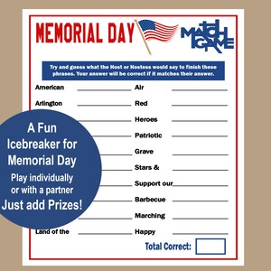 Memorial Day Finish the Phrase Game, Patriotic Games, Match Game, Word Game For Adults Kids, Memorial Day, Memorial Day Trivia Game