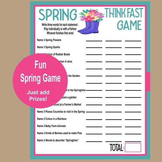 Spring Think Fast Game Printable Spring Activity for Kids 