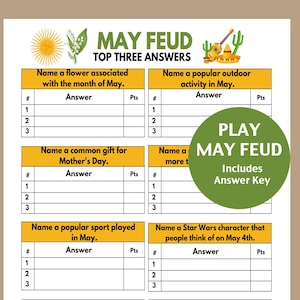 May include: A printable May Feud game with a yellow and orange color scheme. The game includes five categories: a flower associated with May, a popular outdoor activity in May, a common gift for Mother's Day, a popular sport played in May, and a Star Wars character people think of on May 4th. Each category has a table with three rows for players to write their answers and points.