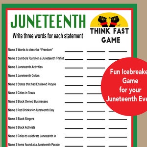Juneteenth Game, Juneteenth Trivia Game, Juneteenth Think Fast, Seniors Game, Youth Game, African American Game, Black History Game