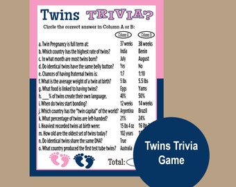 Twins Trivia Game, Printable Twins Baby Shower Blue and Pink Games, Baby Shower Game,  Instant Download