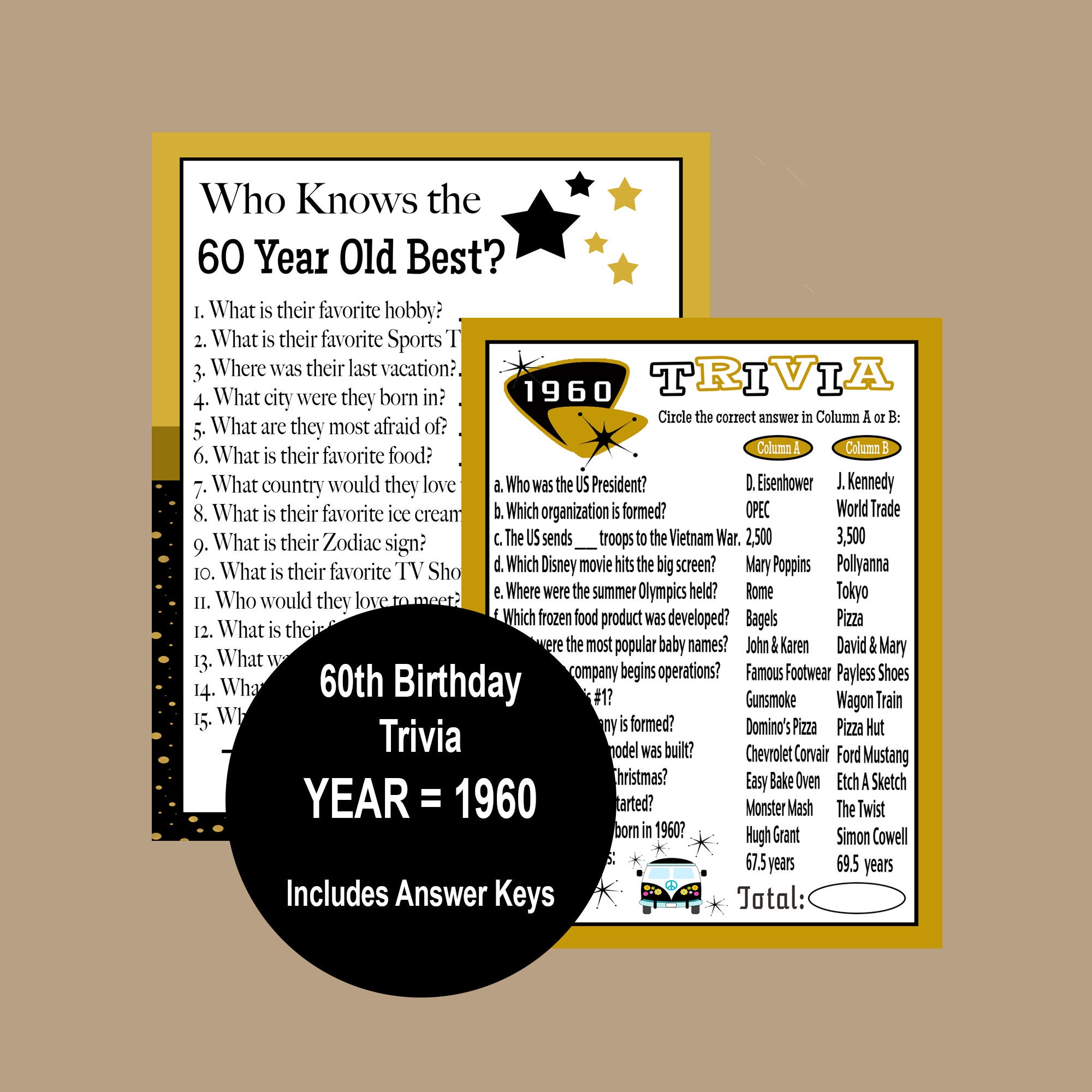 60th Birthday Party Games 1960 Trivia Gold And Black Party Etsy