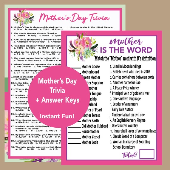 Mother's Day Trivia, Mother's Day Tea, Mother's Day Games, Mothers Day Party Game, Seniors Trivia Games, Group Game for Mom,Instant Download