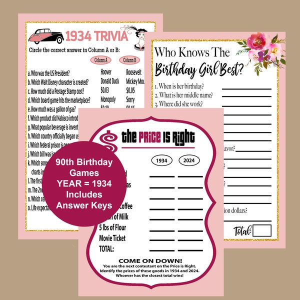 90th Birthday Party Games, Adult Party Games, 1934 Birthday Trivia Game, 90th Pink and Gold Birthday Party Games, Instant Download