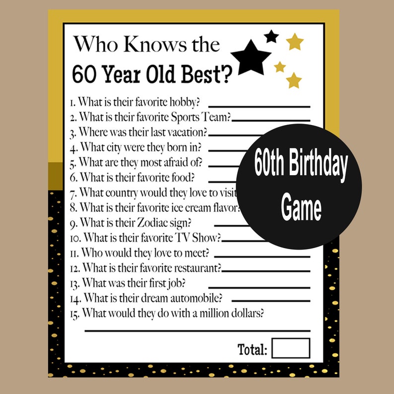 60th Birthday Game, 60th Birthday Party, 1965 Party Game, 60th Birthday Trivia, Who Knows the 60 Year Old Best Game?, Instant Download image 1