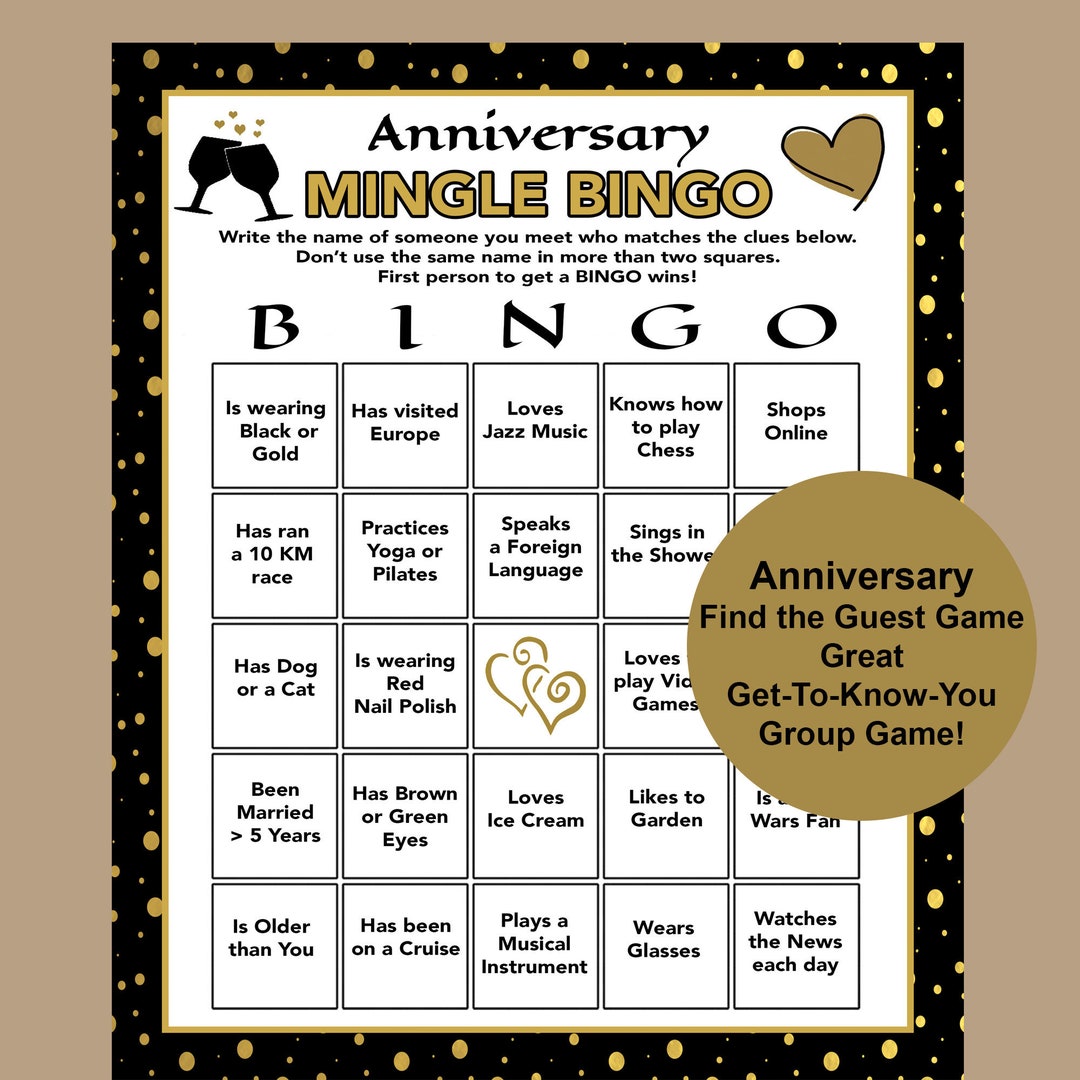 Anniversary Games, Find the Guest Game, Anniversary Bingo Game, 25th ...