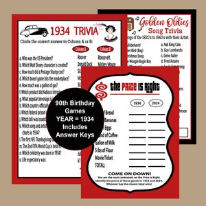 90th Birthday Party Games, Black and Red Party Games, 1934 Birthday Trivia Game, Facts about 90, 1934 Price is Right Trivia Game