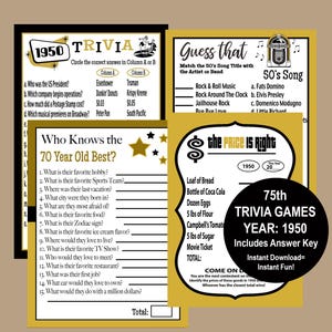75th Birthday Games, Black and Gold Games, 1950 Trivia Game, Who Knows Party Game, 1950 Song Trivia, 1950 Party Trivia, Instant Download