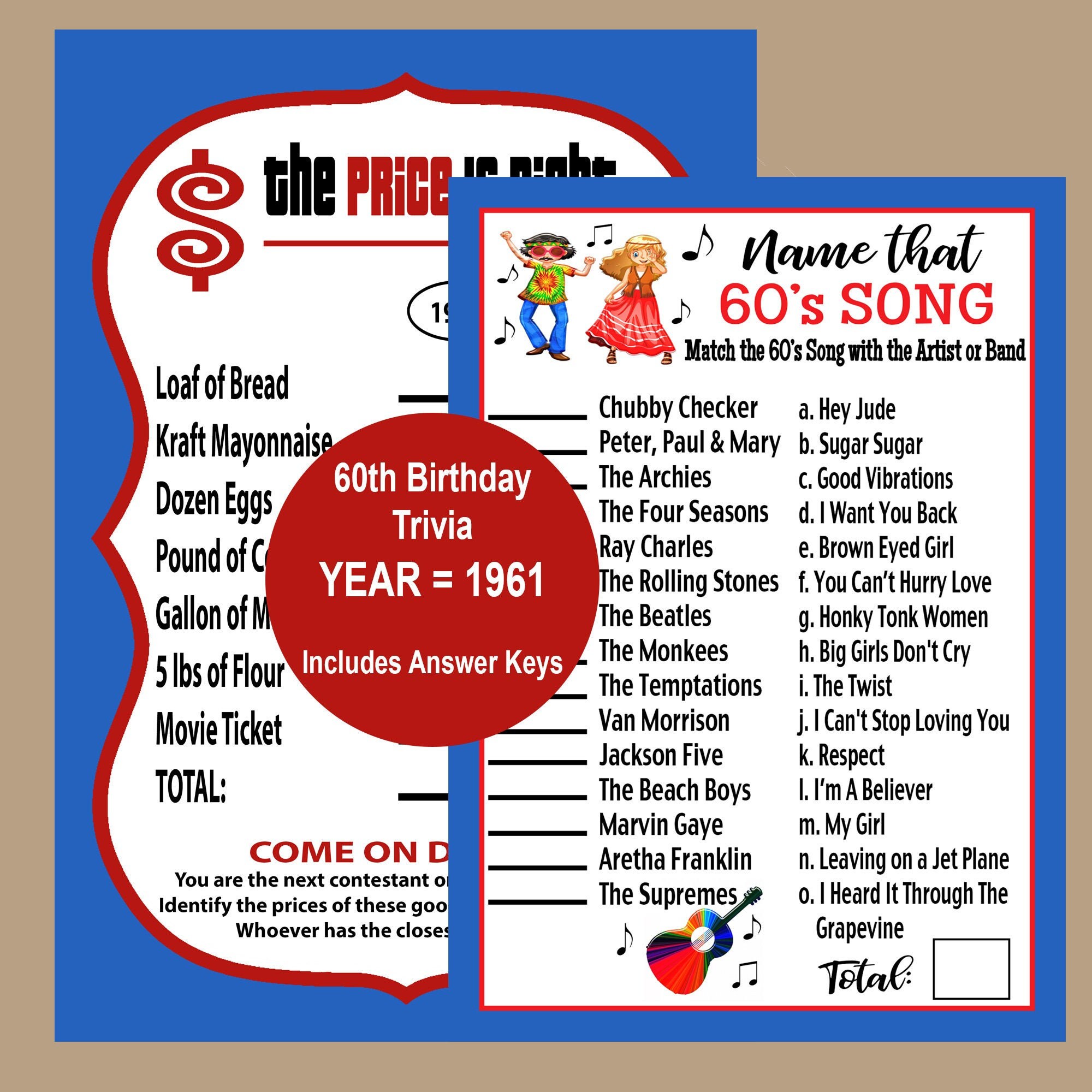 60th Birthday Games 1961 Price Is Right Game 60 S Song Etsy
