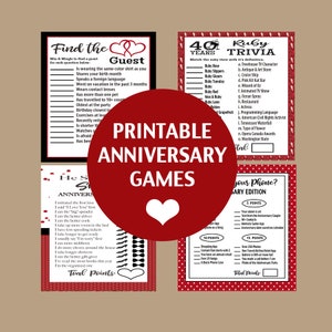 May include: Printable anniversary games with red and white polka dot backgrounds. The games include "Find the Guest", "40 Years Ruby Trivia", "He Said She Said Anniversary", and "Use Your Phone? Anniversary Edition".