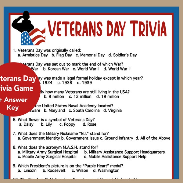 Veterans Day Trivia Games, Veterans Day Icebreaker, Veterans Day Quiz, Veterans Day Seniors Game, Veterans Day Classroom Activity