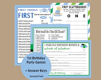1st Birthday Party Game Bundle, First Birthday Games, 1st Birthday Trivia Game, 1st Birthday Wishes, Boys Birthday Games, Instant Download