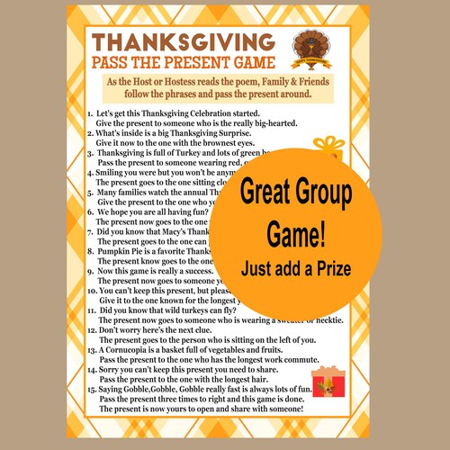 Juego de Acción de Gracias, Juego de Acción de Gracias 2025, Juego en grupo, Juego para fiestas de oficina, Rompehielos, Juego de pasar el regalo, Descarga instantánea