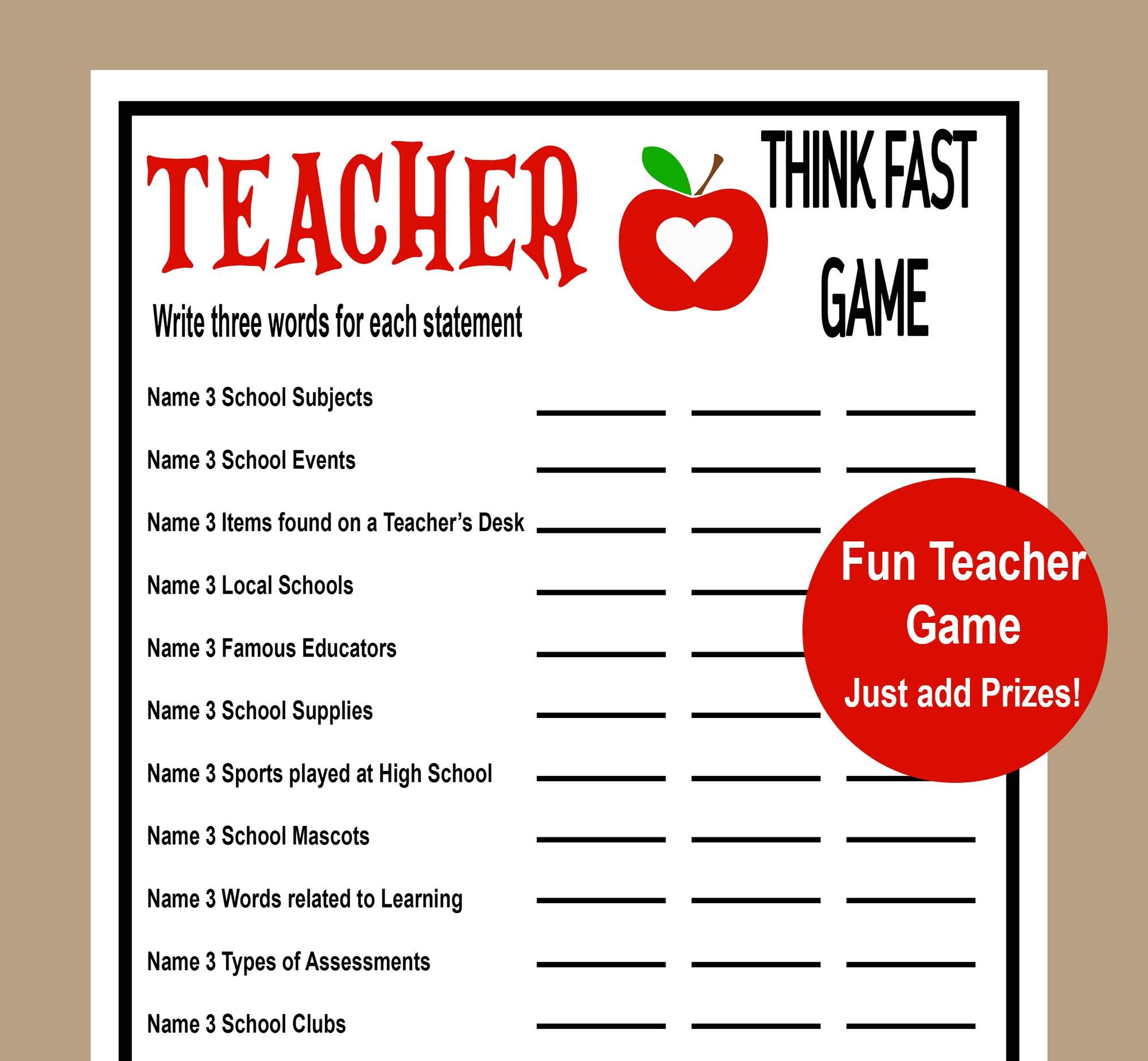 Teacher Appreciation Trivia Game, Think Fast Game, Teacher Printable Games, World Teachers Day Game, Teacher Retirement Game