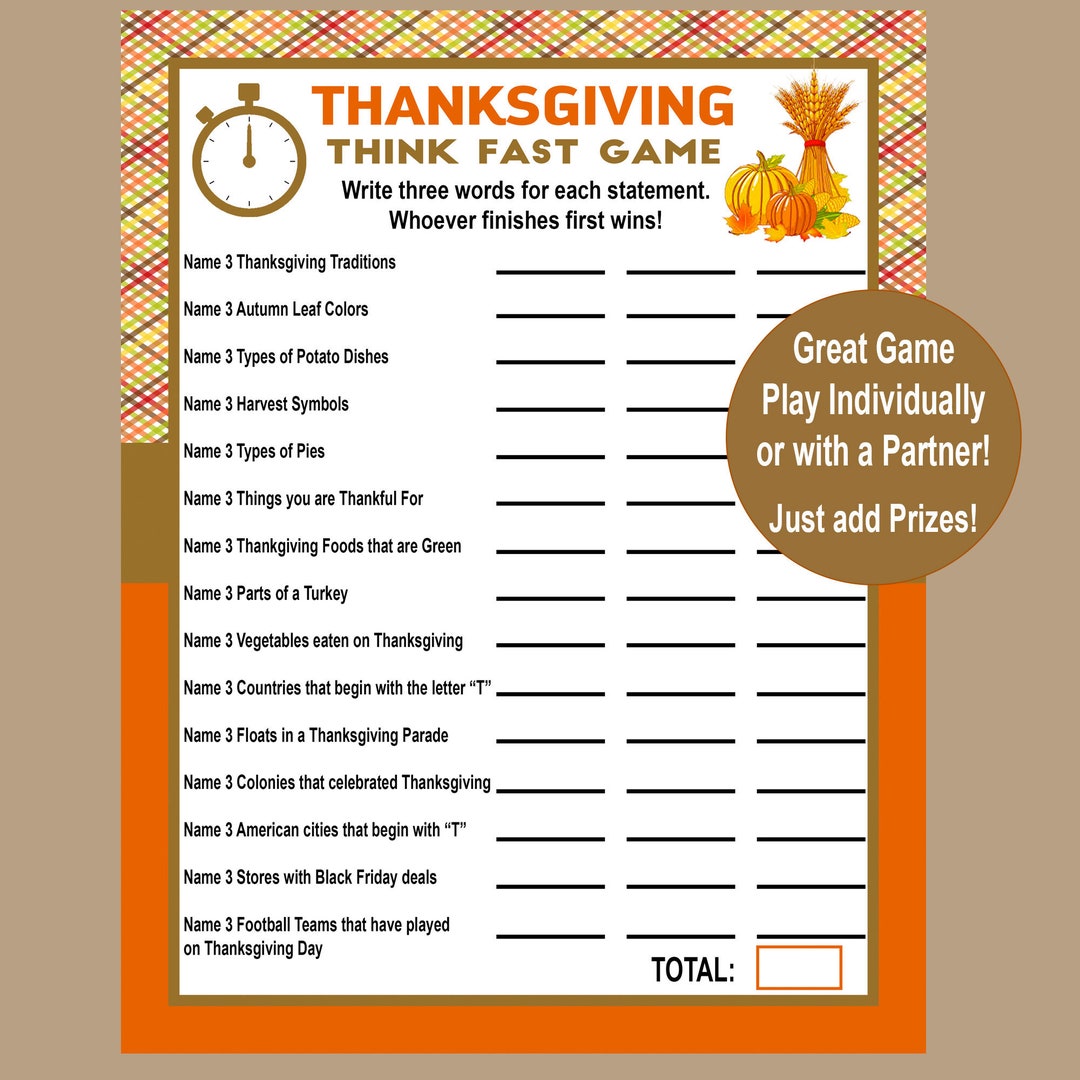 Thanksgiving Fast Answers Game - The Fun Quick Thinking Family Party Game