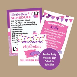 Signe de bienvenue Slumber Party, Birthday Sleepover Sign, Slumber Party Schedule Sign, Pyjamas Pillow Fight Sign Téléchargement instantané
