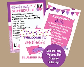 May include: A collection of printable signs for a slumber party. The signs include a schedule, rules, and a welcome sign. The color scheme is pink, purple, and white, with decorative elements like stars, nail polish, and a sleeping mask.