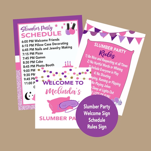 Welcome Sign Slumber Party, Birthday Sleepover Sign, Slumber Party Schedule Sign, Pyjamas Pillow Fight Sign Instant Download