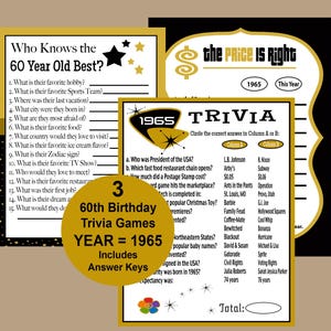 1965 Birthday Party Games, Adult Party Games, 60th Birthday Trivia Game, 60 Years Birthday Games, 1965 Birthday Quiz, Instant Download
