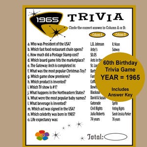 Jeu-questionnaire 1965, jeu de société pour le 60e anniversaire, jeu de société pour le 60e anniversaire or et noir, jeu brise-glace fête de 1965, téléchargement immédiat
