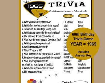 1965 Trivia Game, 60th Birthday Party Game, 60th Birthday Gold and Black Trivia Party Game, 1965 Party Icebreaker Game, Instant Download
