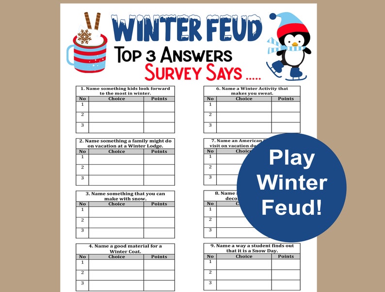 Winter Family Feud Trivia Game, Winter Trivia Game, Winter Seniors Game, Winter School Game, Icebreaker, Fun Winter Activity image 1