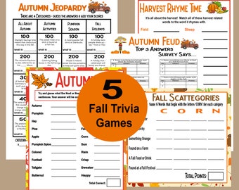 Może przedstawiać: Pięć jesiennych gier z pytaniami i odpowiedziami z jesiennymi grafikami. Gry obejmują: Autumn Jeopardy, Harvest Rhyme Time, Autumn Feud, Fall Scattegories i Autumn.