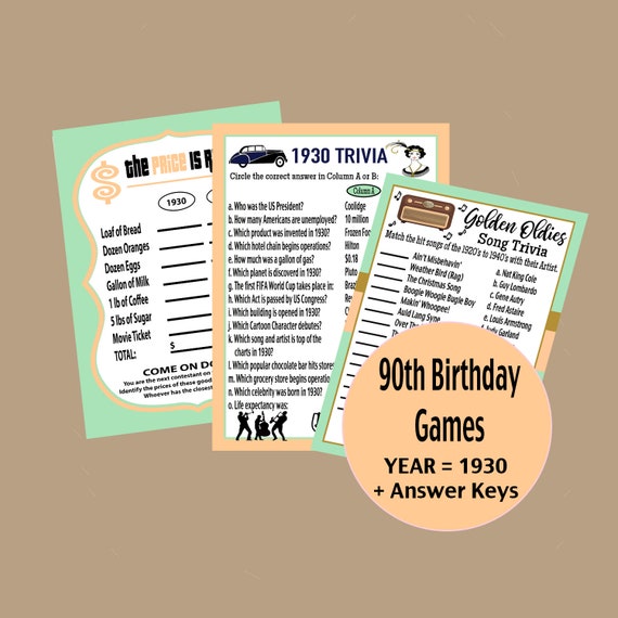 90th Birthday Party Games Gold Party Games 1930 Birthday Etsy