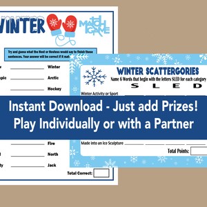 Op de afbeelding: Een printbaar winters spel met twee verschillende activiteiten. De eerste activiteit is een matching-spel met wintergerelateerde woorden. De tweede activiteit is een woordspel genaamd "Winter Scattergories" waarbij spelers zes woorden moeten noemen die voor elke categorie beginnen met de letters SLED. Het spel is ontworpen voor individueel of samenspel.