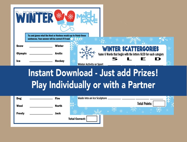Op de afbeelding: Een printbaar winters spel met twee verschillende activiteiten. De eerste activiteit is een matching-spel met wintergerelateerde woorden. De tweede activiteit is een woordspel genaamd "Winter Scattergories" waarbij spelers zes woorden moeten noemen die voor elke categorie beginnen met de letters SLED. Het spel is ontworpen voor individueel of samenspel.