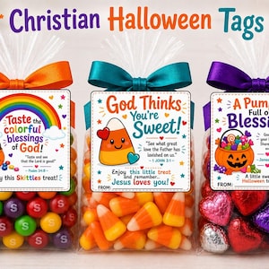 May include: Three clear plastic treat bags tied with orange, teal, and purple ribbons. Each bag features a rectangular tag with religious text and graphics, including a rainbow, candy corn, and a pumpkin, filled with colorful candies.