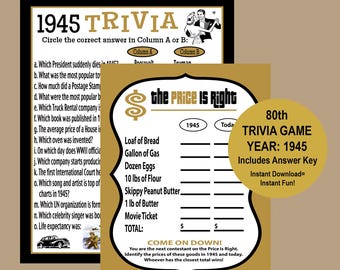 80. Geburtstag Spiele, 80. Geburtstag Gold und schwarz Trivia Spiele, 1945 Preis ist richtig Spiel, 1945 Trivia, Instant Download