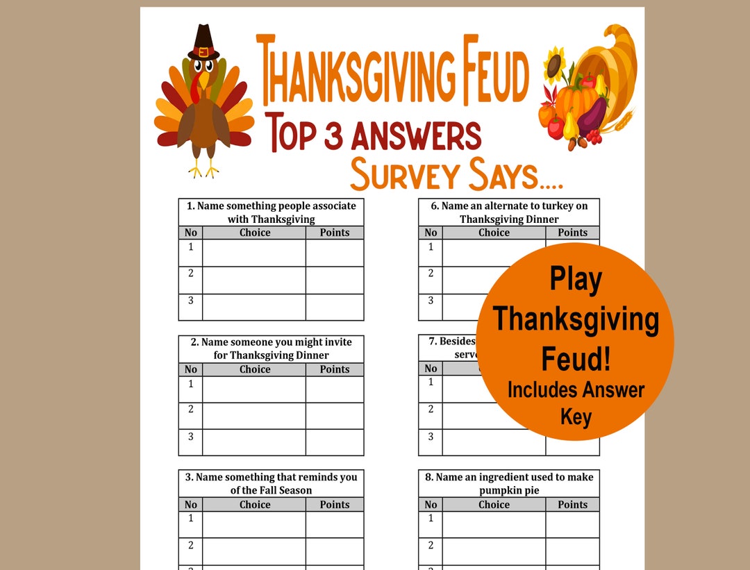 Thanksgiving Family Feud Trivia Game, Thanksgiving Trivia Game