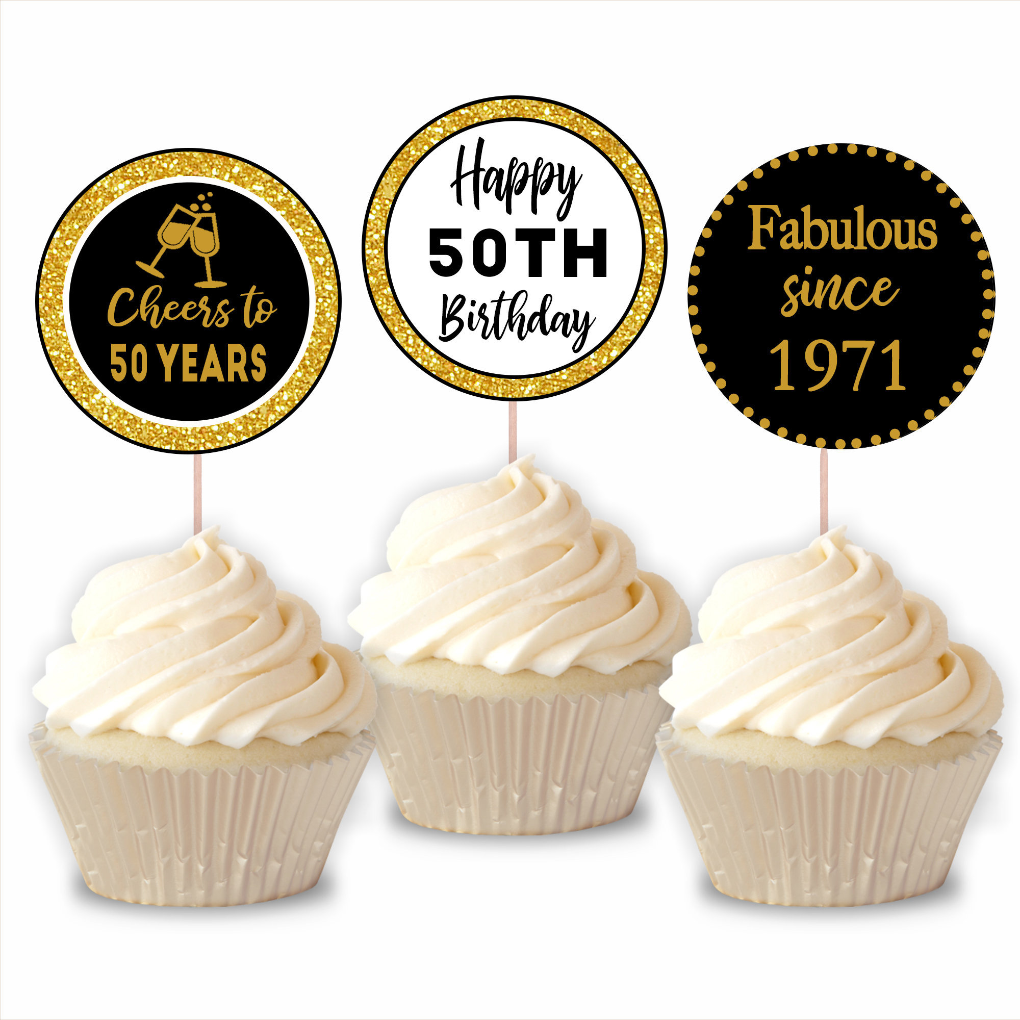 50th Birthday Cupcake Toppers Cheers to 50 Years Black and Etsy